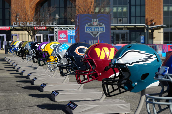 A general view of large Philadelphia Eagles, Washington Commanders and Chicago Bears helmets at the NFL Scouting Combine Experience at Lucas Oil Stadium. Mandatory Credit: Kirby Lee-USA TODAY Sports